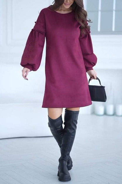 Women's Casual Round Neck Puff Sleeve Short Dress