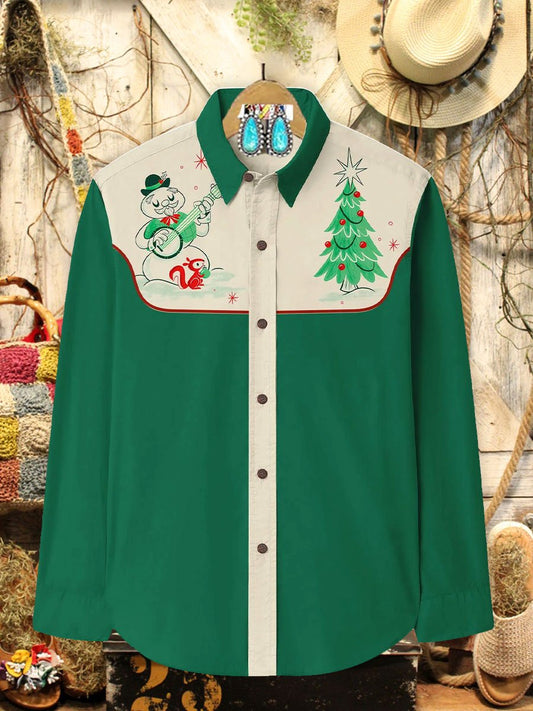 Vintage Snowman and Christmas Tree Art Print 100% Cotton Long Sleeve Shirt