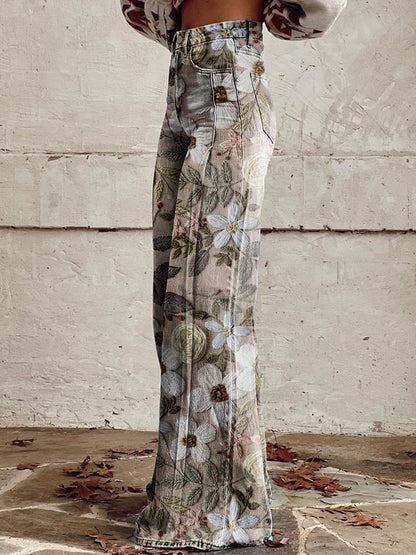 Women's Vintage Botanical Floral Wide Leg Pants