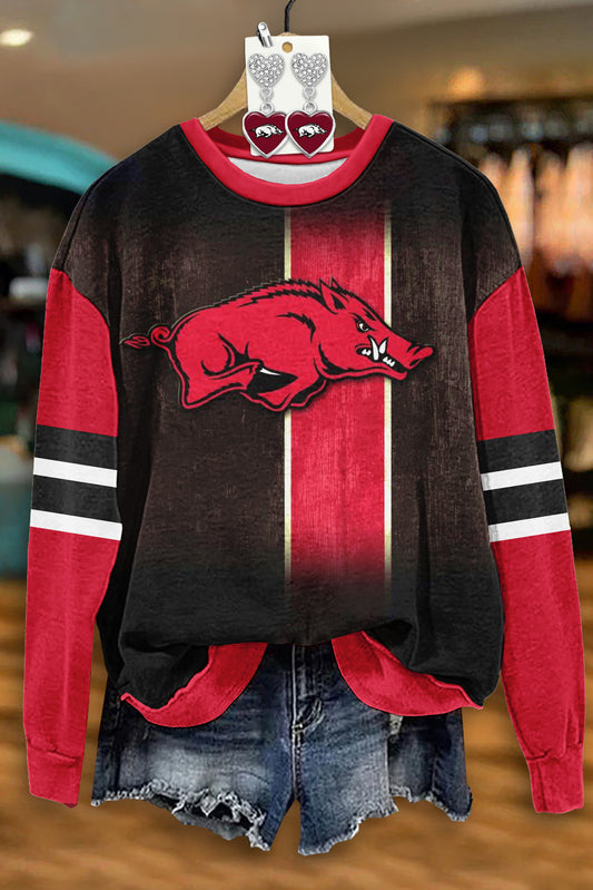 Vintage Arkansas Razorbacks Print Long Sleeve Sweatshirt