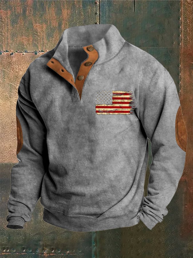 Men's Retro Flag Print Stand Collar Button Sweatshirt