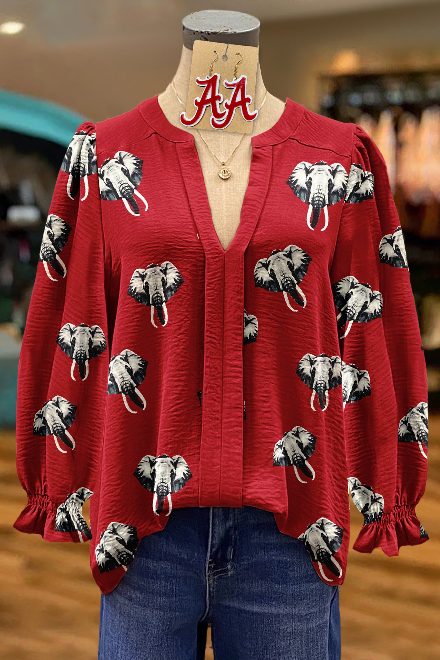 Classic Alabama Elephant Print Textured Fabric Blouse