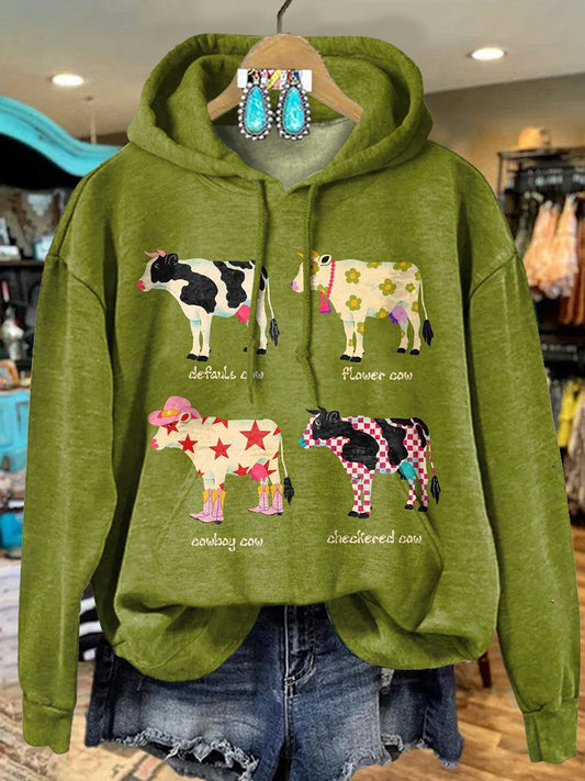 Green Western Spotted Cattle Print Casual Sweatshirt