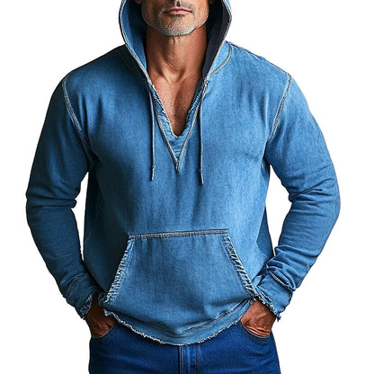 Men's Vintage Denim Pocket Long Sleeve V-neck Hoodie