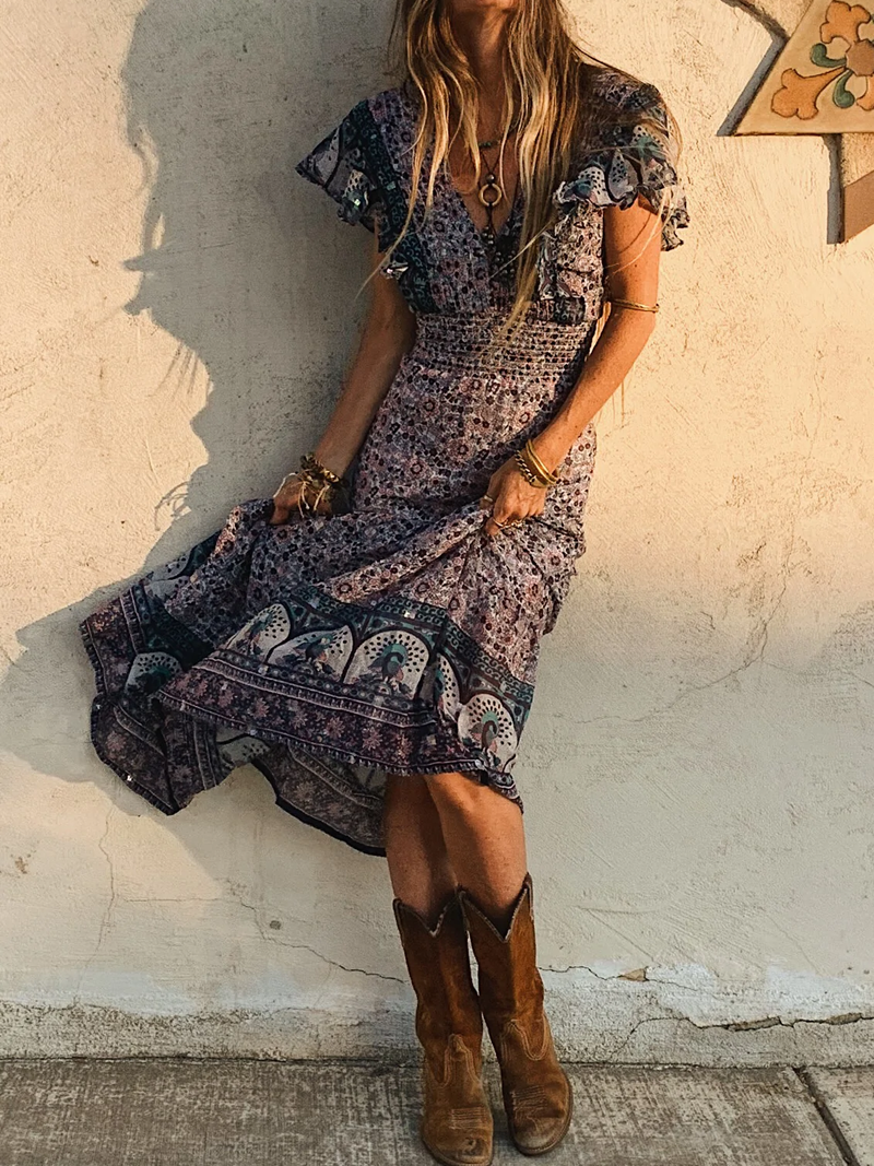 Ruffle Sleeve Bohemian Floral Dress