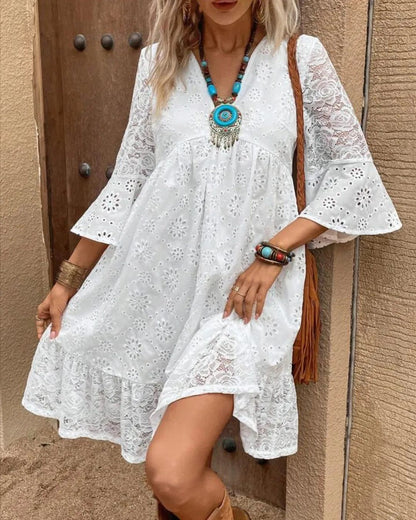 Casual Long Sleeve V Neck Plus Size Lace Dresses