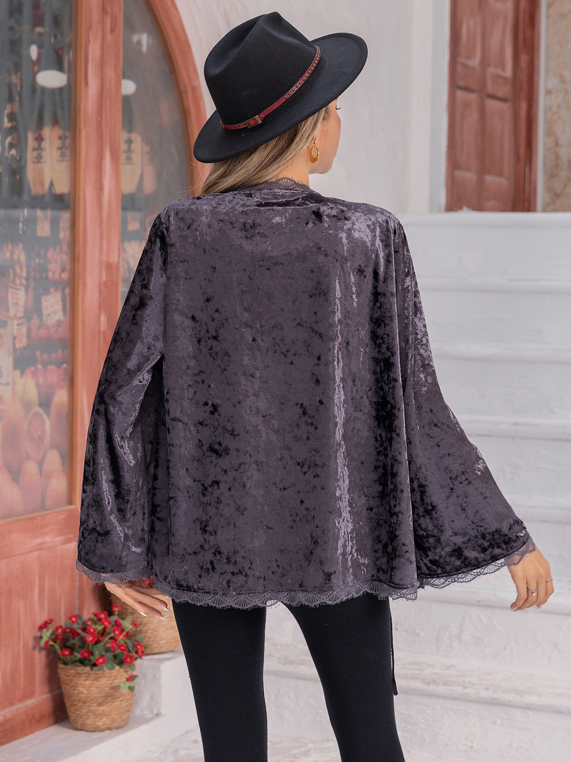 Velvety Tied Lace Detail Long Sleeve Cardigan