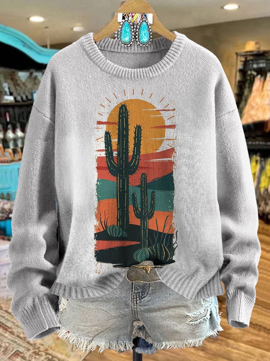 Cactus Print Knit Pullover Sweater