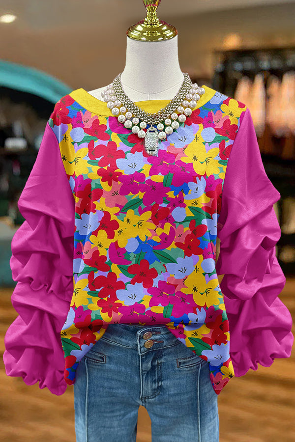 Sweet Flowers Print Pleated Sweatshirt