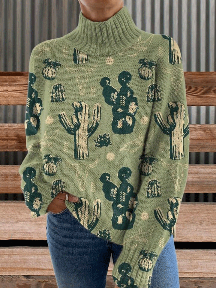 Vintage Print Knit Turtleneck Pullover Sweater