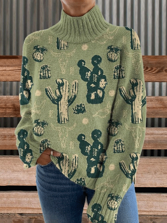 Vintage Print Knit Turtleneck Pullover Sweater