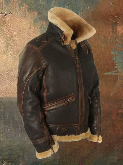 Men's Vintage Casual Lapel Zipper Faux Fur Leather Jacket