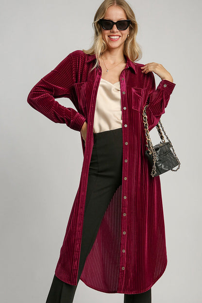 Umgee Texture Curved Hem Button Down Shirt Dress Duster