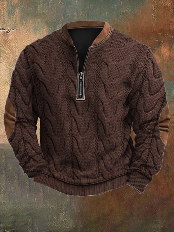 Men's Vintage Western Knit Print Zipper Stand Collar Casual Sweatshirt