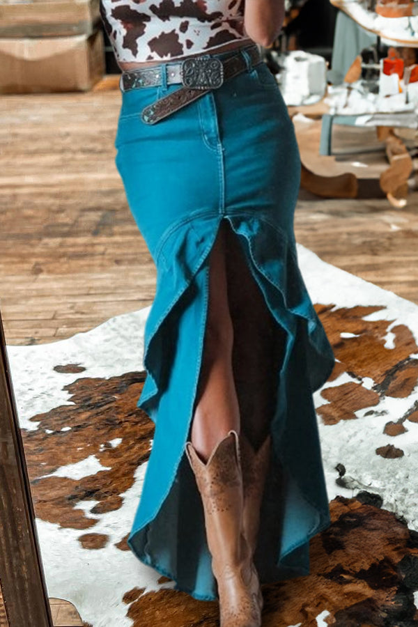 Slit Ruffle High Waist Denim Maxi Skirt