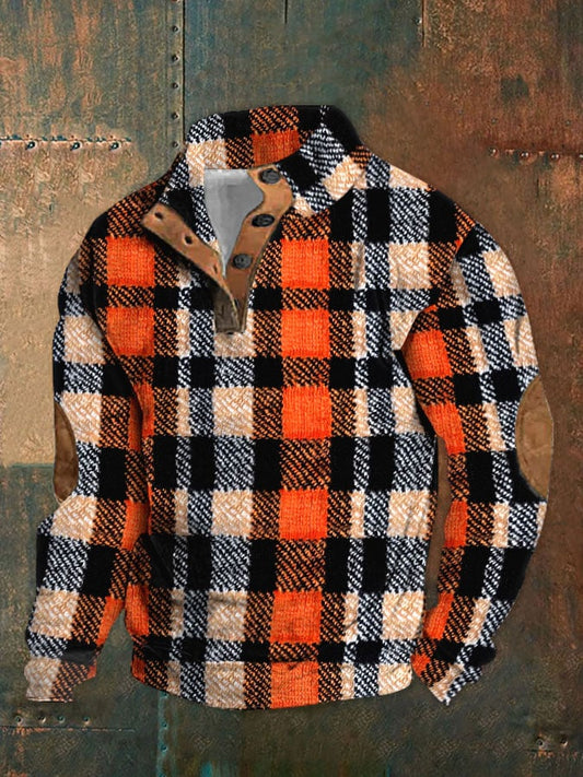 Men's Retro Autumn Plaid Print Standing Collar Button Casual Sweatshirt