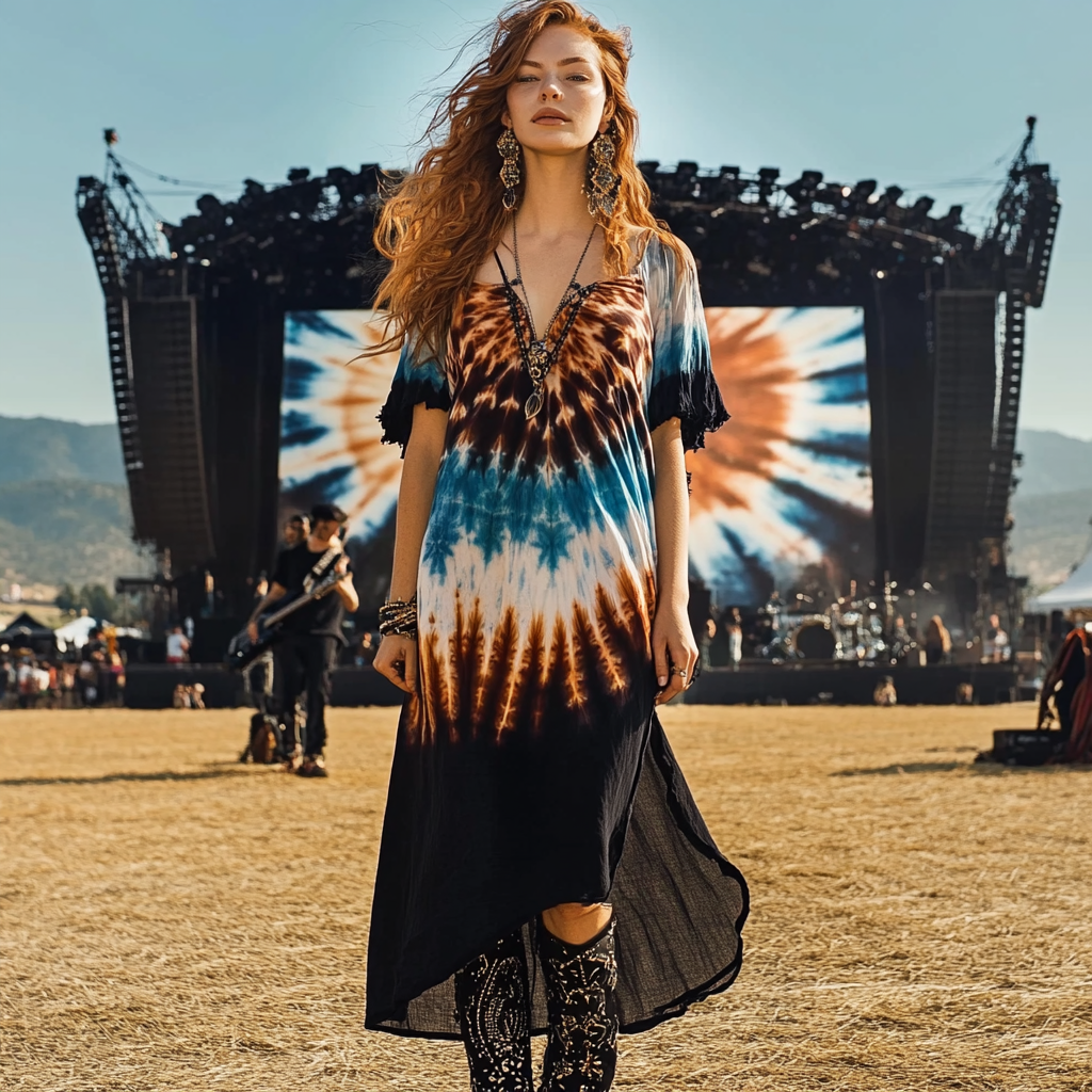 Coachella Music Festival Rock Rave Party Tie-Dye Ruffle Floral Fringed Lace Vintage Dress