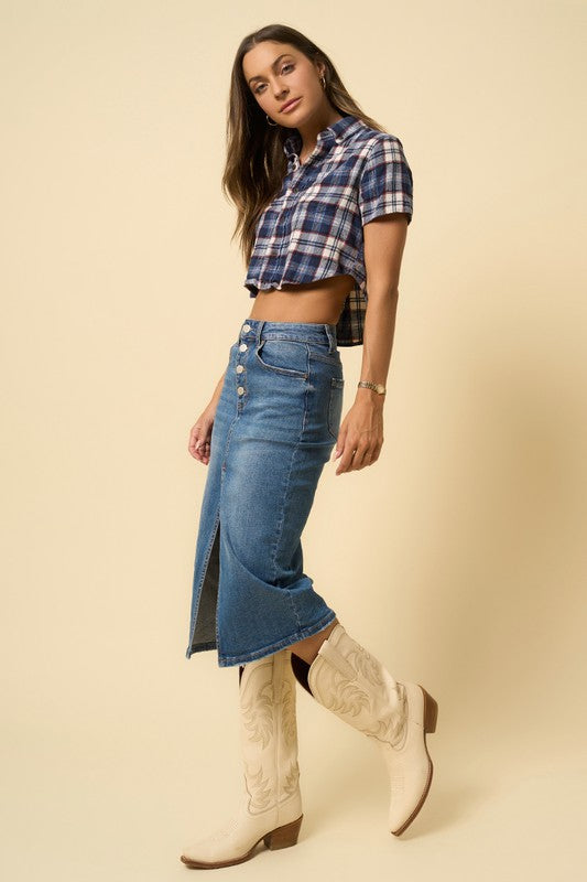 Western style denim skirt with slit