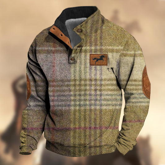 Men's Vintage Country Western Horse Purple Khaki Wool Plaid Print Stand Collar Sweatshirt