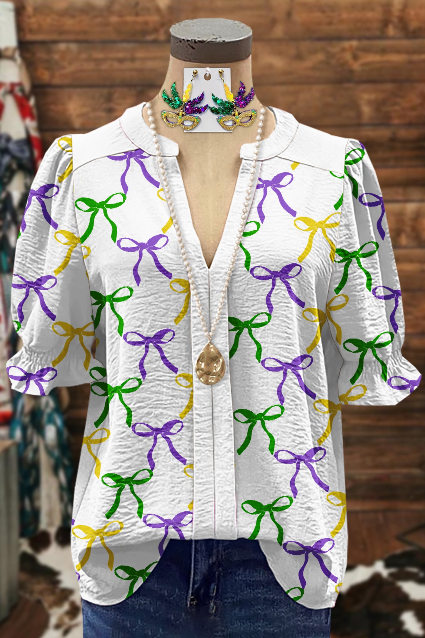 Mardi Gras Bow Print Blouse