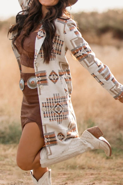 Retro Western Aztec Pattern Lapel Trench Coat