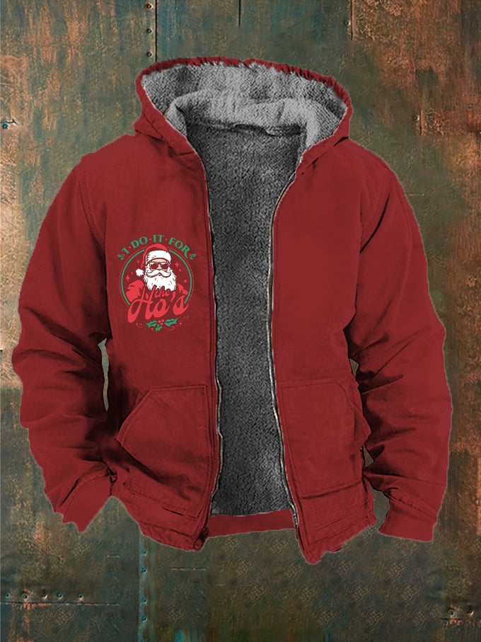 Men's Christmas Funny Santa I Do It For The Ho's Printed Zip Fleece Hooded Jacket