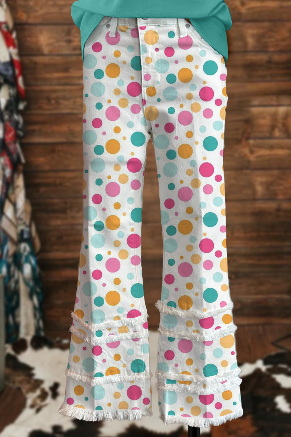 Fresh Colorful Polka Dot Print Raw Edge Pants