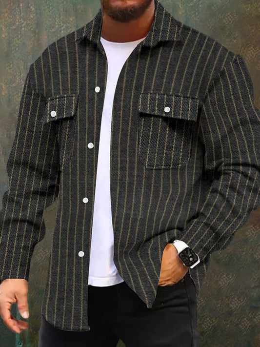 Men's Vintage Striped Print Pocket Button Lapel Jacket