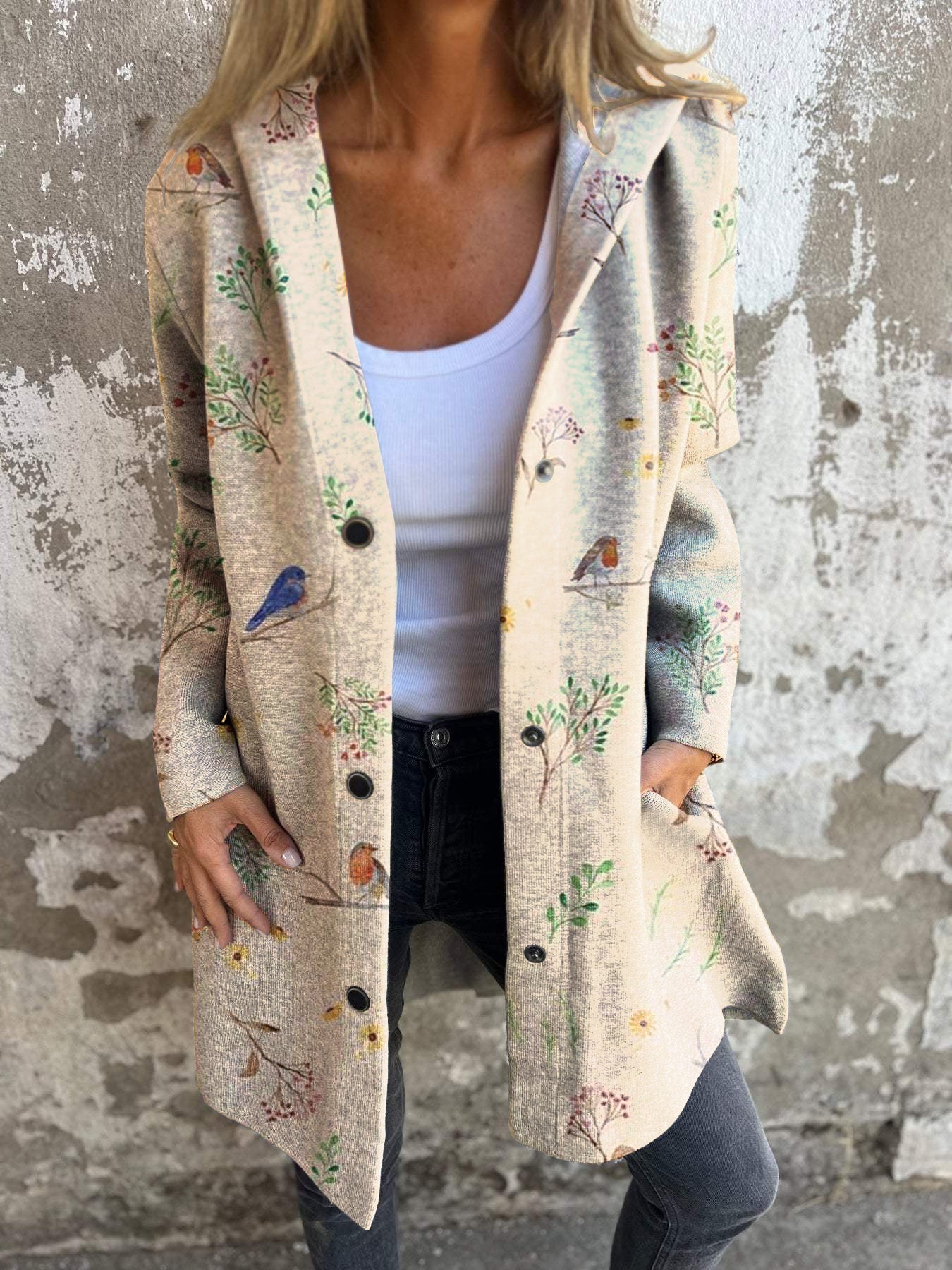 Flora and Bird Art Print Long Sleeve Button Hooded Jacket