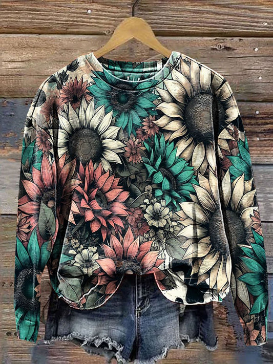 Vintage Flower Art Print Casual Sweatshirt