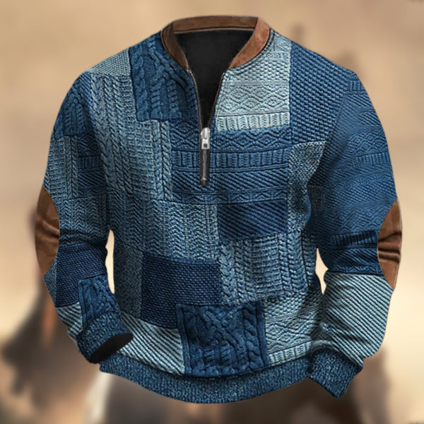 Men's Vintage Western Denim Patchwork Print Zipper Stand Collar Casual Sweatshirt