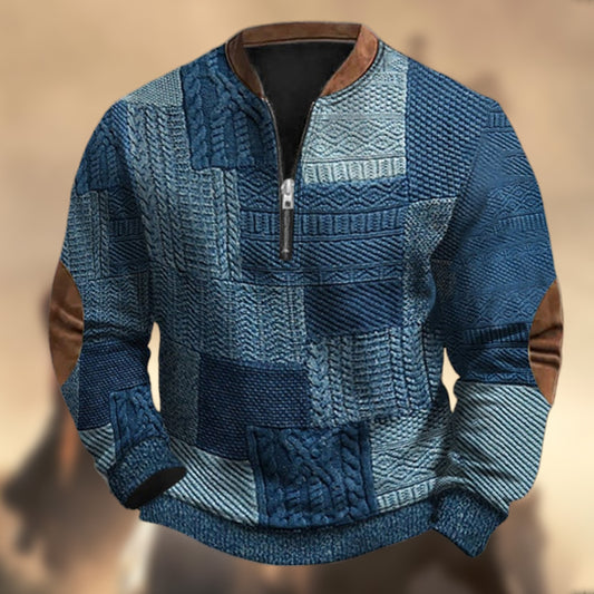 Men's Vintage Western Denim Patchwork Print Zipper Stand Collar Casual Sweatshirt