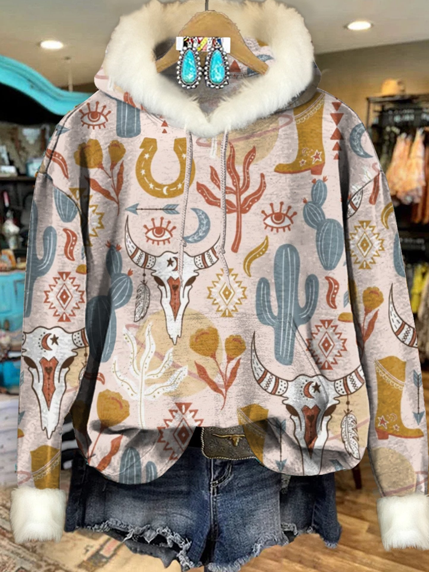 Vintage Cactus Aztec Bull Head Art Print Imitation Rabbit Fur Trim Casual Hoodie Sweatshirt