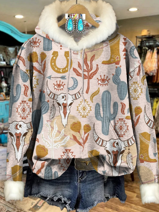 Vintage Cactus Aztec Bull Head Art Print Imitation Rabbit Fur Trim Casual Hoodie Sweatshirt