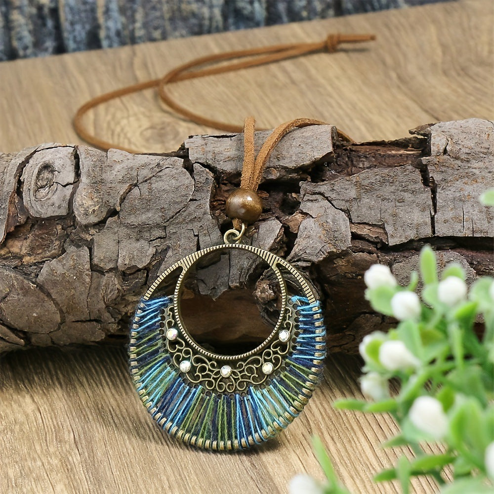 Women's Bohemian Woven Mixed Color Large Circle Pendant Necklace