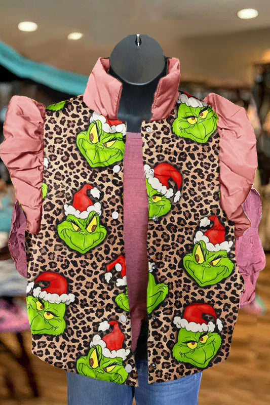 Sweet Christmas Grinch Leopard Print Ruffle Vest