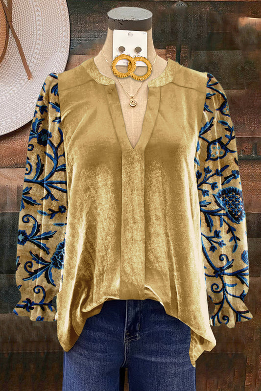 Velvet Botanical Print V-Neck Blouse