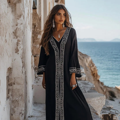 Elegant Greek Key V Neck Linen Blend Maxi Dress