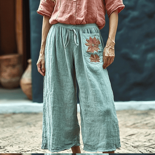 Women's Linen Wide-leg Ethnic Floral Casual Cropped Pants