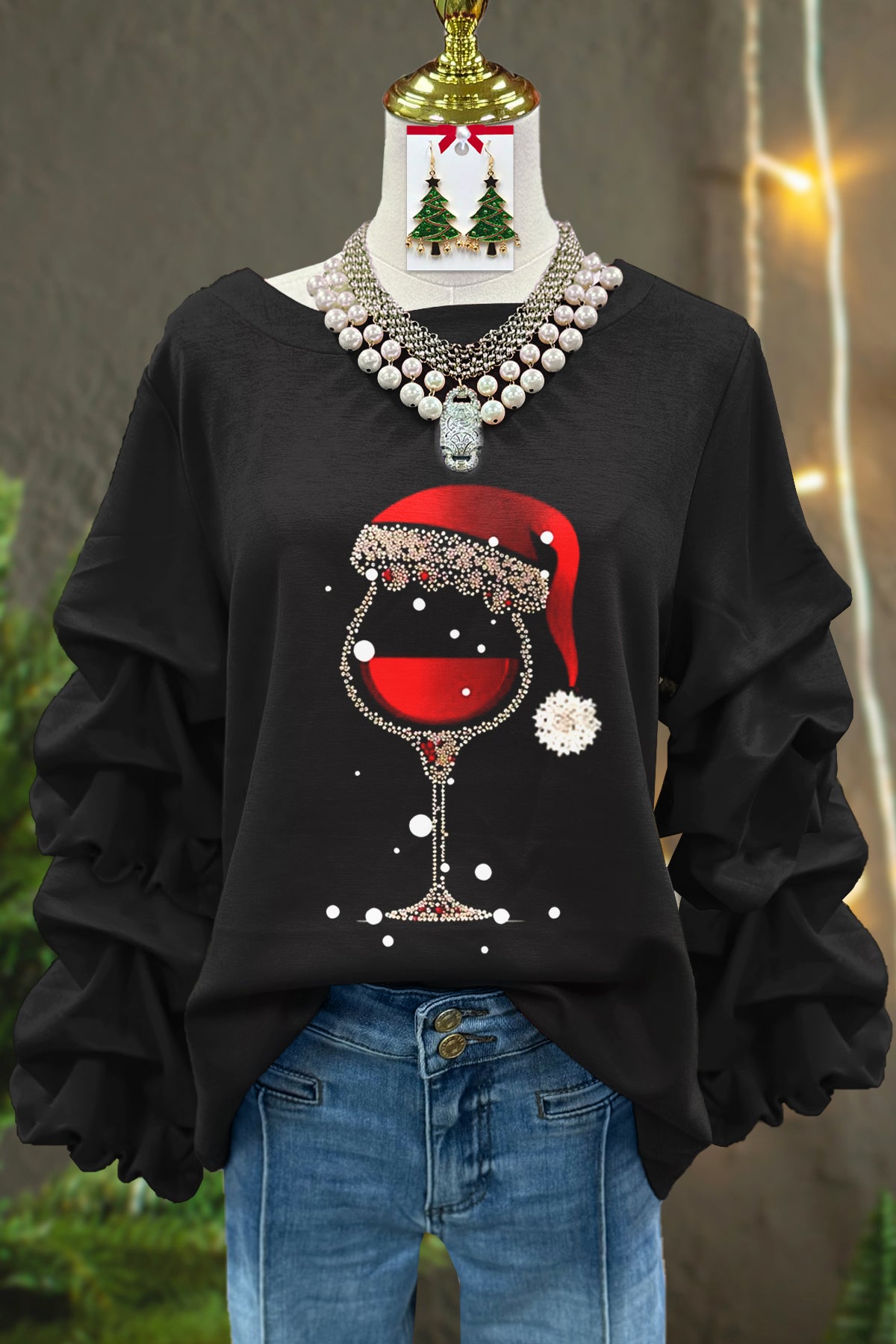 Classic Christmas Wine Glass Print Pleated Sweatshirt