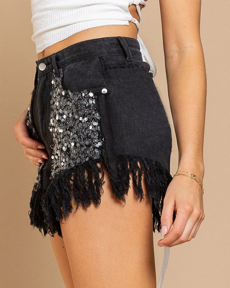 High-Waisted Sequined Fringed Shorts Women