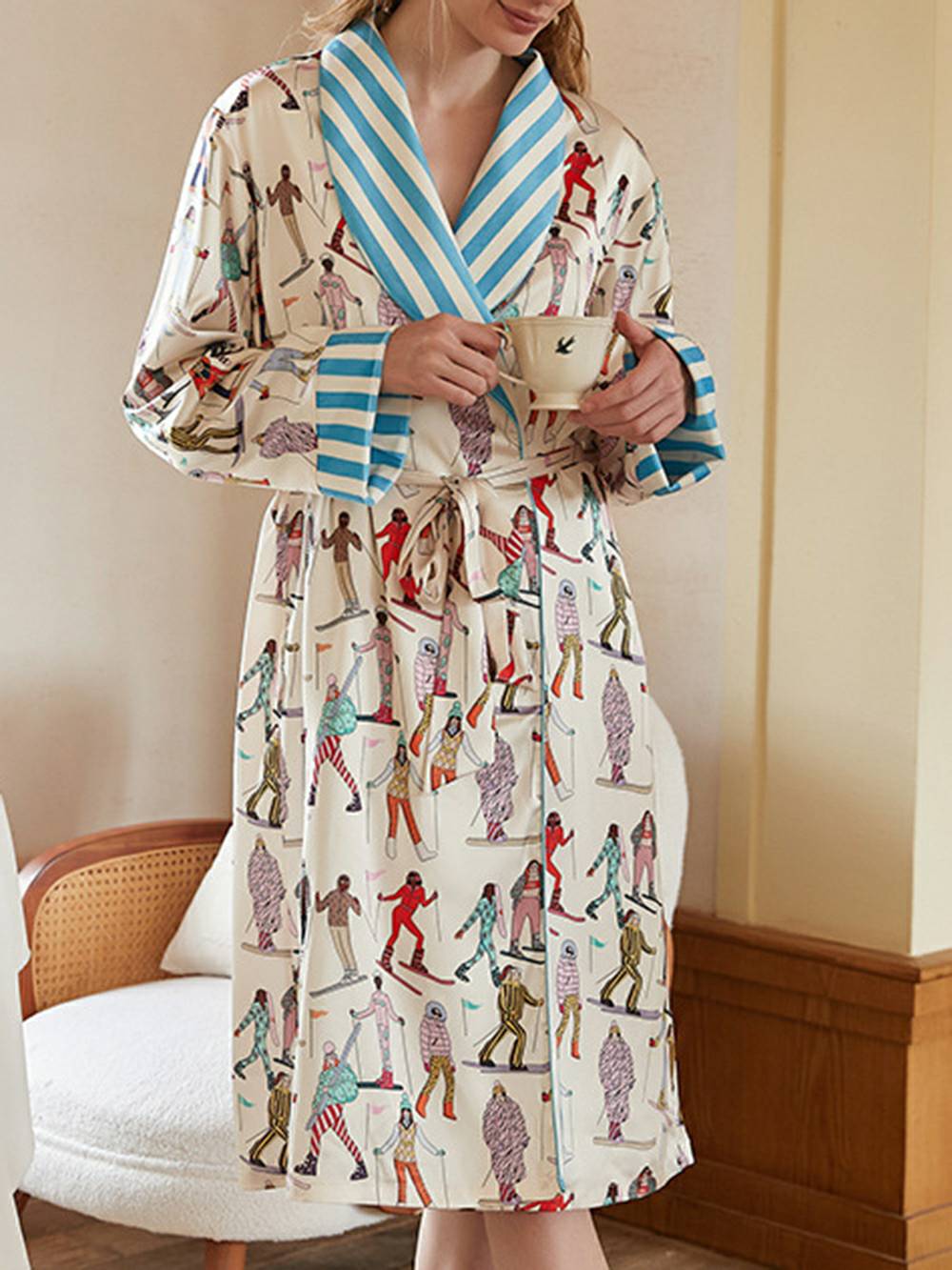 Ski Sports Print Silk Robe Set