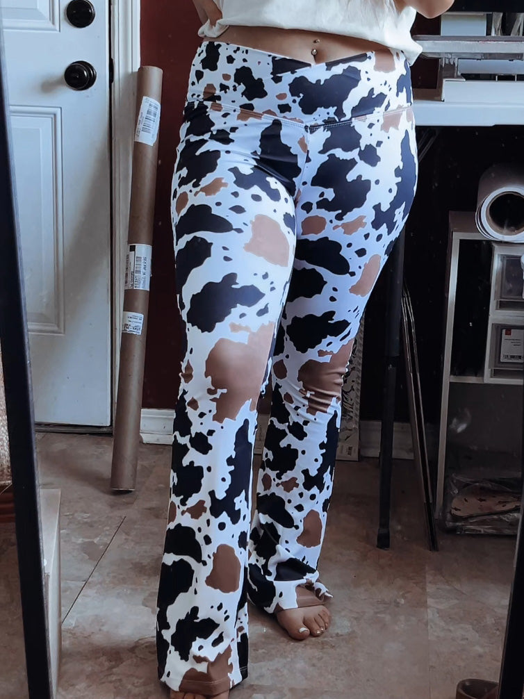 Cow Print Pocket Skinny Flared Pants