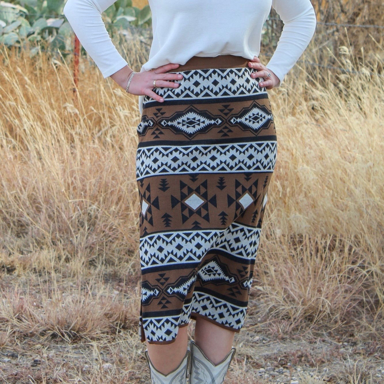 Black Aztec Print Fitted Skirt