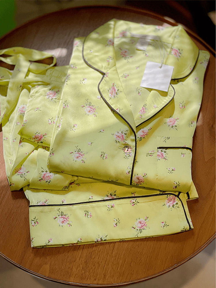 Fluorescent Green Floral Long Sleeve Pajama Set