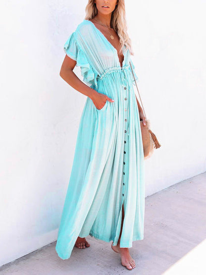 Button Cotton Linen Perfect Beach Boho Maxi Dress