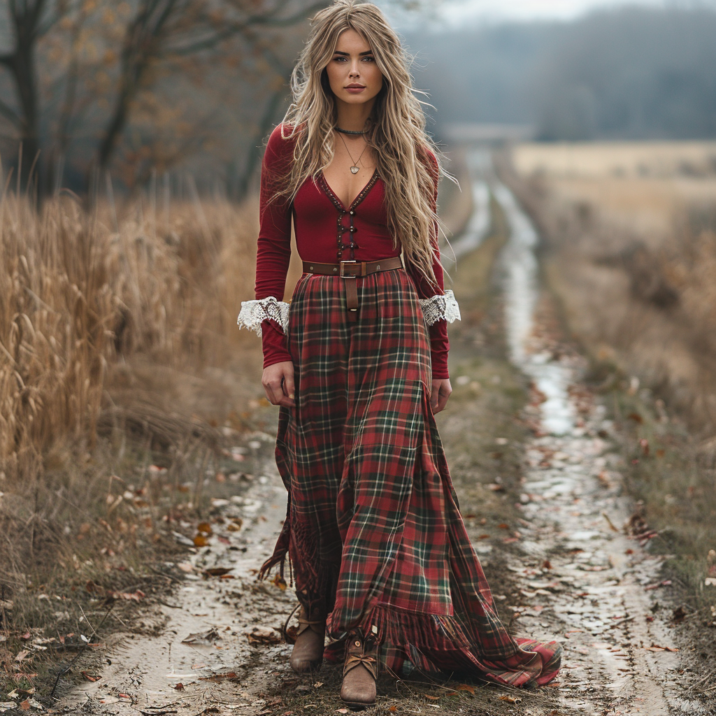 Women's Retro Plaid V-neck Long-sleeved Long Skirt Pastoral Style Dress