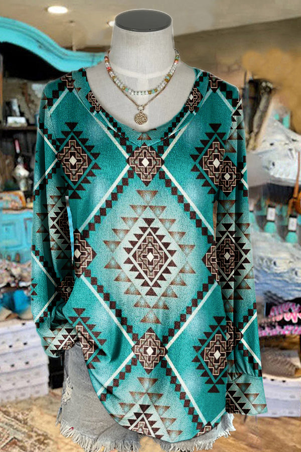 Unique Western Totem Print V-neck Long-sleeved Top