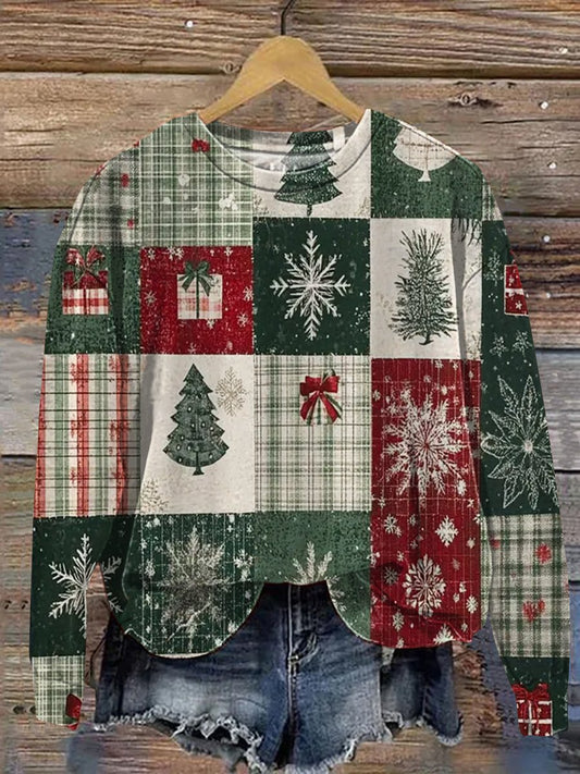 Vintage Christmas Patchwork Art Print Casual  Sweatshirt