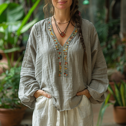 Ethnic Style V-neck Linen Shirt, Comfortable, Lazy And Breathable Linen Cardigan Top